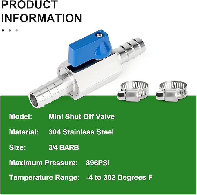 TAISHER 2PCS 304 Stainless Steel 3/4" Mini Ball Valve Shut Off Switch, 3/4" Hose Barb with 4PCS Hose Clamps