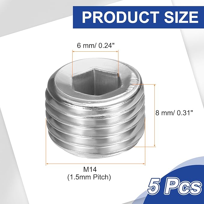 PATIKIL 5 Pcs 304 Stainless Steel Pipe Plug M14 x 1.5 Male Internal Hex Thread Socket Pipe Plug Hex Countersunk Pipe Fitting for Sealing Water Oil Gas Pipeline, Silver