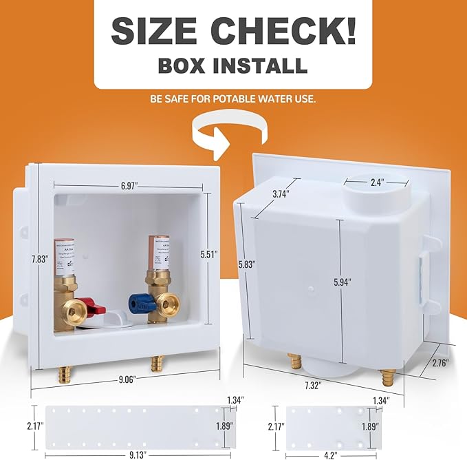 SUNGATOR Washing Machine Outlet Box with Brass Water Hammer Arrestor, Laundry Washer Water Valve Wall Box with Center Drain, 1/2 Inch Pex Crimp Inlet x 3/4 Inch MHT Outlet (4 Crimp Rings)