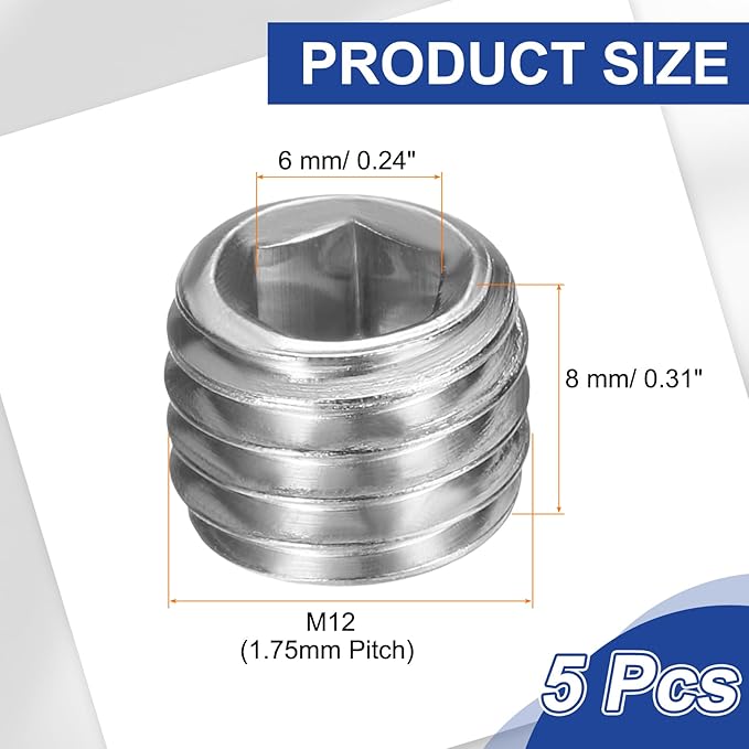 PATIKIL 5 Pcs 304 Stainless Steel Pipe Plug M12 x 1.75 Male Internal Hex Thread Socket Pipe Plug Hex Countersunk Pipe Fitting for Sealing Water Oil Gas Pipeline, Silver