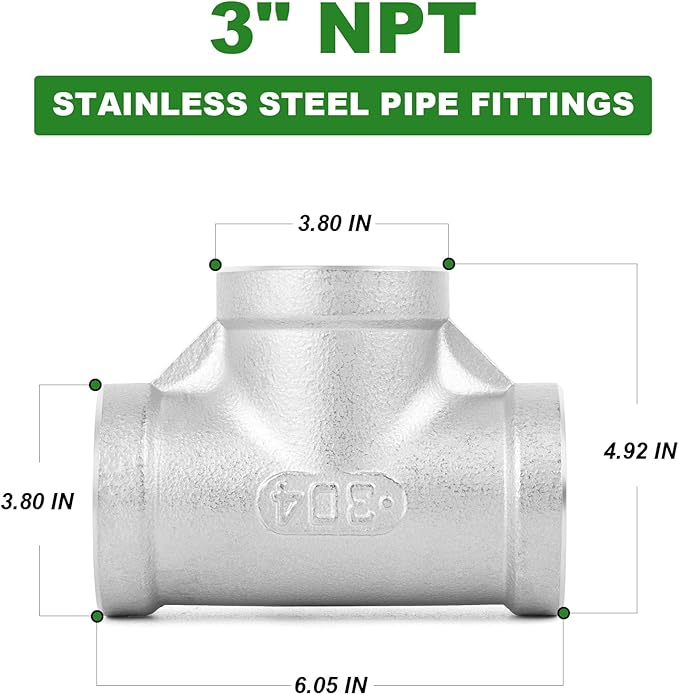 TAISHER 1PCS 304 Stainless Steel Tee Pipe Fittings, 3" x 3" x 3" NPT Female Pipe Fittings