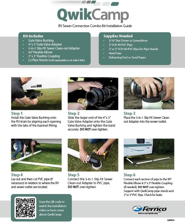 Fernco QwikCamp RV and Camper Sewer Waste Plumbing Connection System Kit with Slip Fit Coupling Adapter for 3-in. PVC Pipe and Pipe Stands in Black