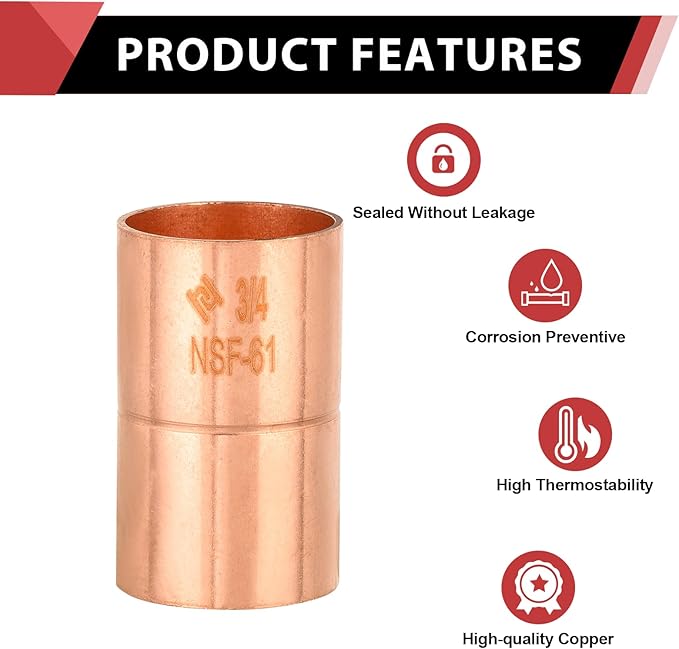 30-Pack EFIELD 3/4" C X C Copper Coupling With Rolled Stop, LF Copper Plumbing Fittings with Sweat Solder Connection, Pro Pack,(COPPER070)