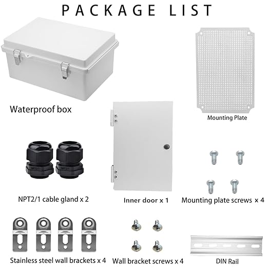 Waterproof Electrical Box with Mounting Plate, IP67 Junction Box Stainless Steel Latch Hinged Grey Cover Project Enclosure with Inner Door,Wall Bracket and 2 Glands 14" x 10" x 6"