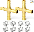 GASHER 2PCS 1/4" Brass Hose Barb, 4-Way Fitting with 8 Clamp Intersection/Liquid/Fuel/Air