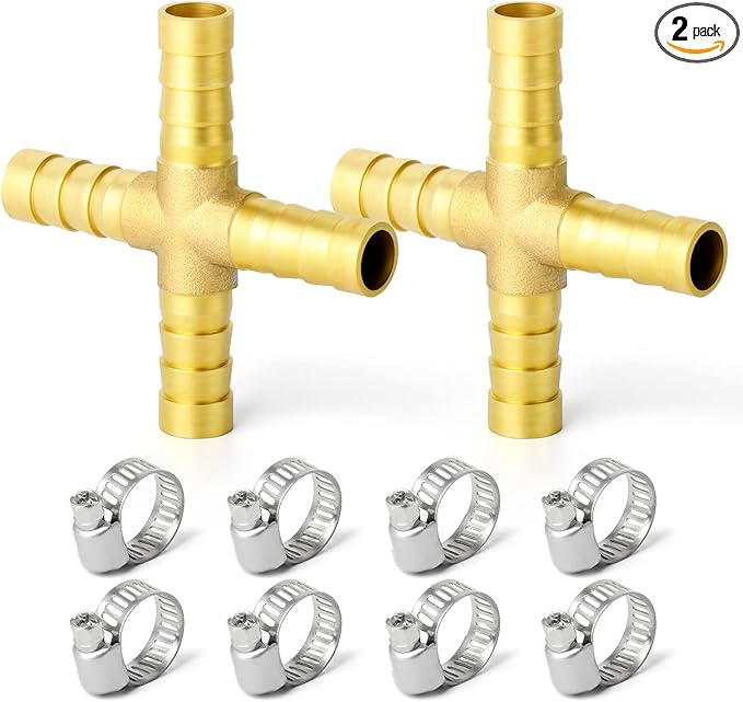 GASHER 2PCS 1/4" Brass Hose Barb, 4-Way Fitting with 8 Clamp Intersection/Liquid/Fuel/Air