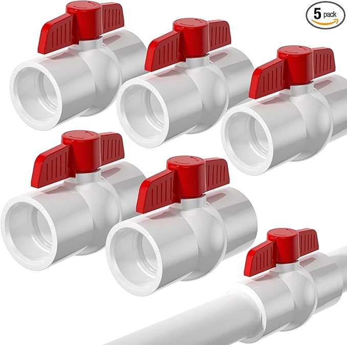 5PCS 1-1/2" PVC Ball Valve,Slip PVC Water Pipe Valve with Easy Turn Red T-Handle, SCH40 Water Pipe Valves for Swimming Pool, Sprinkler Lines,Sewage Pump, Outdoor Plumbing & Irrigation System