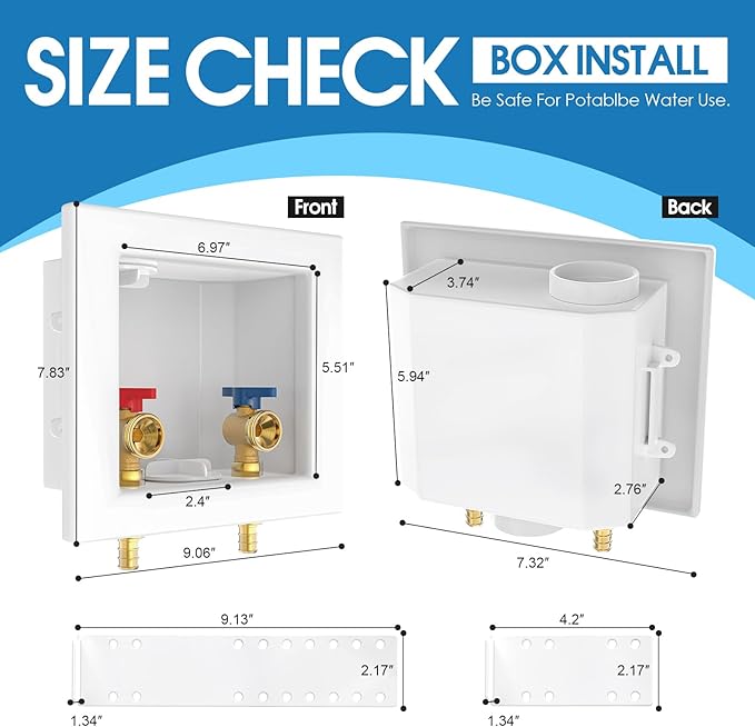 Universal Washing Machine Outlet Box, 1/2-Inch Pex Crimp x 3/4-Inch MHT Connection with Center Drain, Laundry Washer Valve Outlet Box