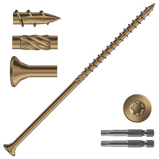 #14 x 6 Inch Deck Screws (200Pcs) 8lb. Carbon Steel, Yellow, Flat Head, Rust Resistant epoxy Coated, with T30 Star Bit