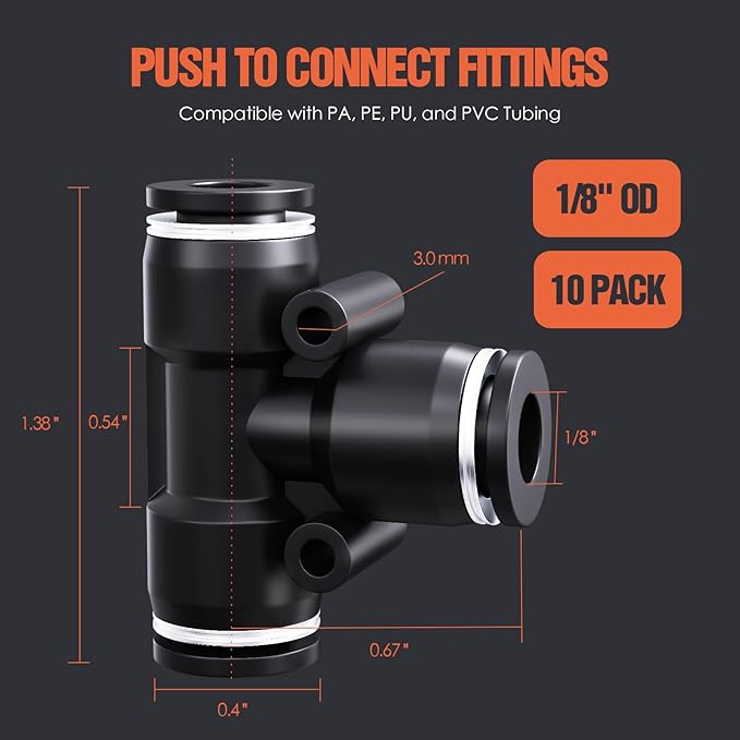 1/8" OD Push to Connect Fittings – Air Line Tee Connectors, Quick Connect Pneumatic Fittings, Push Lock Air Hose Fittings for Compressor, Air Tools & Tubing (10 PCS)