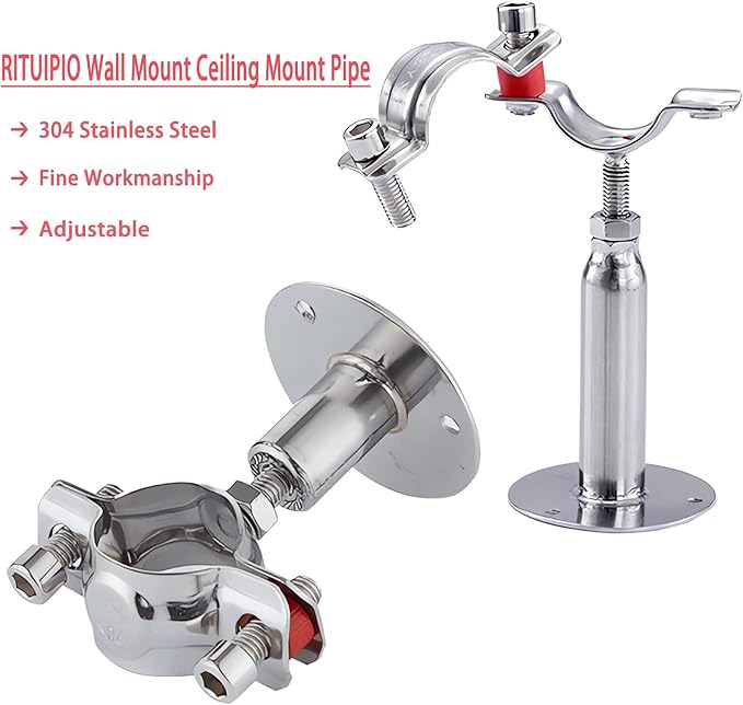 2PCS Wall Mount Ceiling Mount Pipe 304 Stainless Steel Pipe Supports Pipe Standoff Adjustable Height 30-60mm（1.18"-2.36"） for OD Pipe 38-40mm(1.5-1.57in)