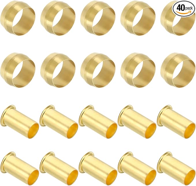 PATIKIL Brass Compression Sleeves Ferrules for 1/2 Inch OD Hose Tube, 40 Pack Brass Ferrule Brass Compression Insert Fitting Assortment Kit for Air Water Gas Pipe