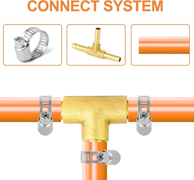 GASHER 5 Pieces Brass Hose Barb Tee, 3-Way Tee Hose Fitting (5/32" x 5/32" x 5/32" Hose Barb) with 15 Hose Clamps