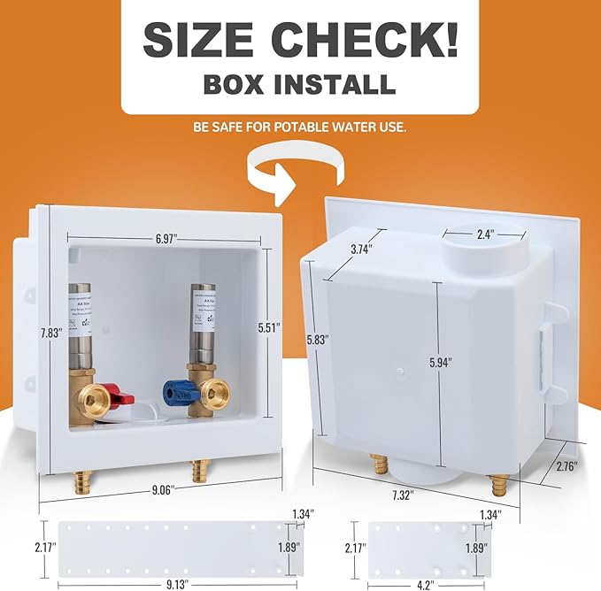 SUNGATOR Washing Machine Laundry Outlet Box, Washer Water Valve Wall Box with Center Drain, 1/2 Inch Pex Crimp Inlet x 3/4 Inch MHT Outlet, with Stainless Steel Water Hammer Arrestor and 4 Crimp Rings