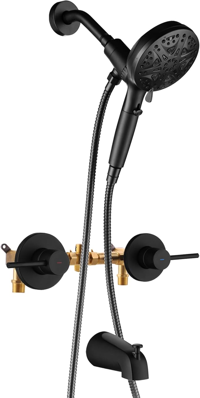 Black 2 Handle Tub Shower Faucet Set with 10 Spray Magnetic Guidance Docking System Two Knobs Shower Trim Kit with Rough-in Valve, Wall Mounted