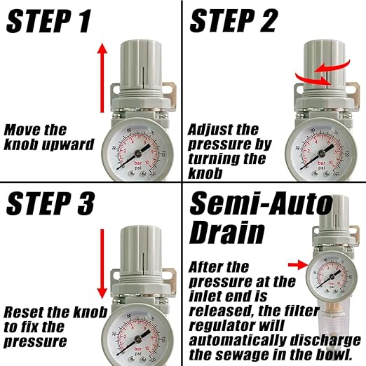 1/4" NPT Air Filter Pressure Regulator Combo Water Separator for Air Compressor Line Semi-Auto Drain 5 Micron Brass Element 0-150 psi Gauge