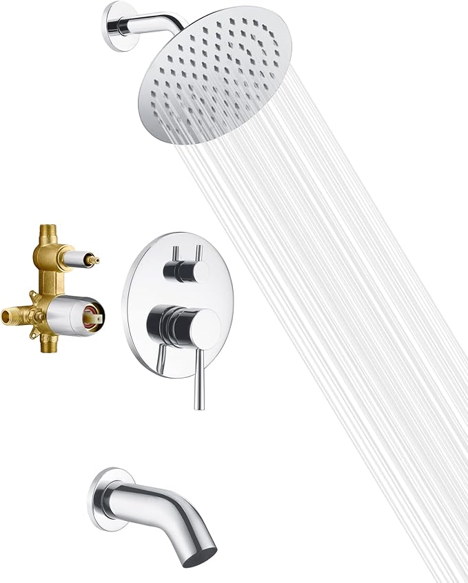 sumerain Tub and Shower Faucet with Valve, Shower Tub Kit with Pressure Balance Valve, 8 Inch Rain Shower Head and Waterfall Spout Chrome Finish