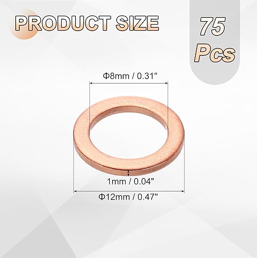 uxcell 75Pcs M8 Flat Washer Copper Washer Sealing Rings, 8mm ID 12mm OD 1mm Thickness Copper Crush Washers Metric Sealing Gasket for Plumbing Machinery Automotive