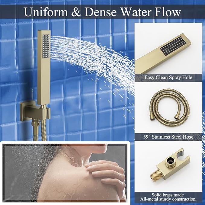 Shower Faucet Set Brushed Gold Shower System, Knob Switch Diverter Shower Faucet with High Pressure Handheld Spray, Ceiling Mount 10 Inch Shower Head with 6 Inch Wall Mount Shower Head