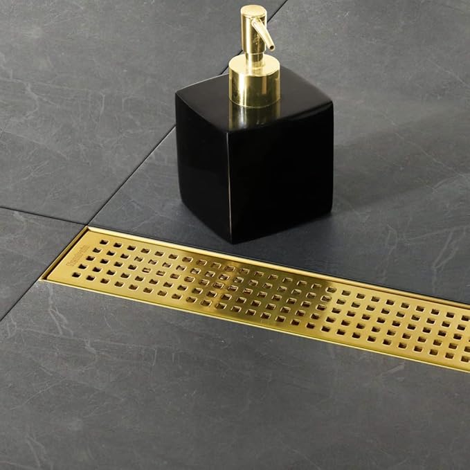 Neodrain 24-Inch Brushed Brass Linear Shower Drain with Removable Quadrato Pattern Grate, 304 Stainless Steel Gold Rectangle Shower Floor Drain, Bathroom Linear Drain & Hair Strainer, CUPC Certified