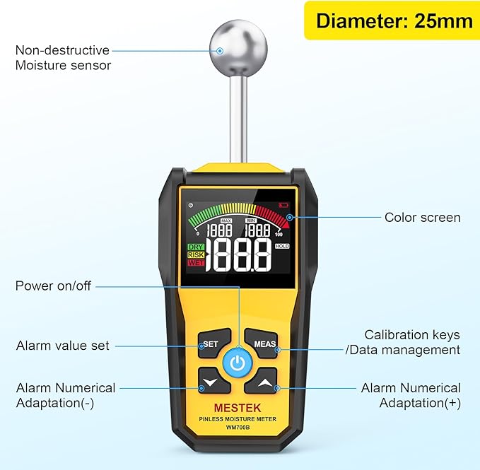 MESTEK Wood Moisture Meter for Non-Destructive Moisture Detection in Drywall, Wood, and Masonry, Moisture Tester with Backlit Color LCD Display & Alarm Function, Detects up to 20-40mm Below Surface