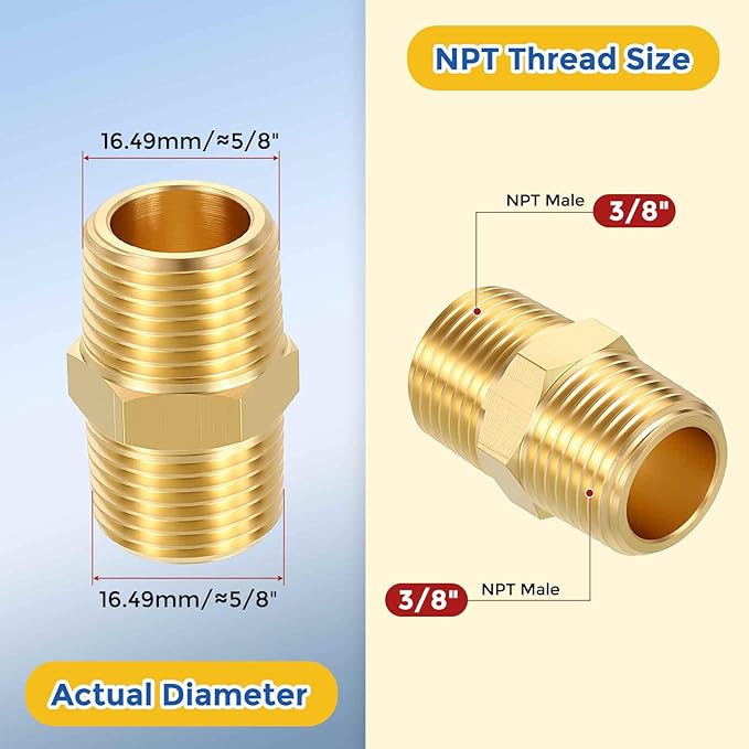 5 Pack Brass Pipe Fittings, 3/8" NPT Male to 3/8" NPT Male Brass Hex Nipple, Male Pipe Adapter Reducer for Air, Oil, LP