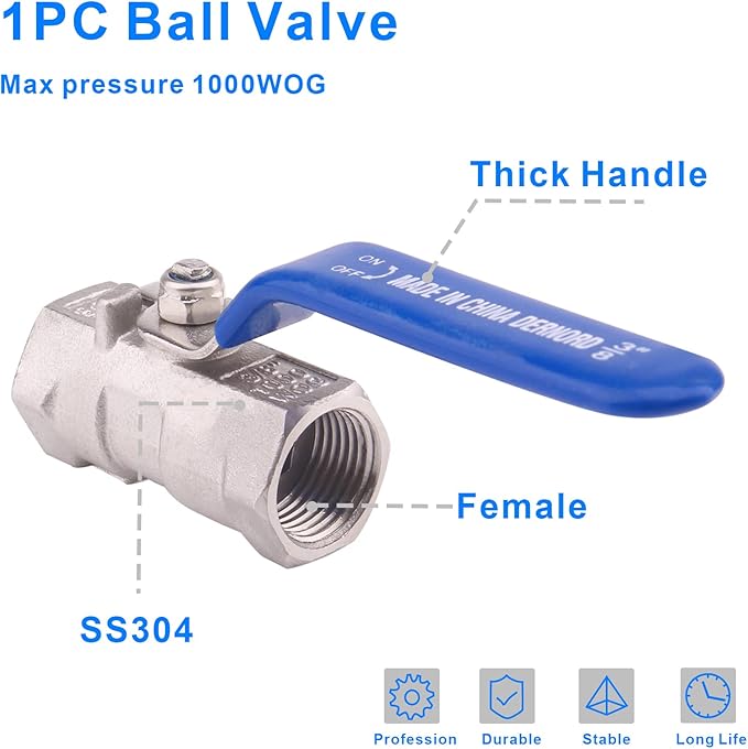 DERNORD Stainless Steel Ball Valve 1PC Type 3/8 Inch NPT Standard Port for Water, Oil, and Gas (3/8 Inch Ball Valve)