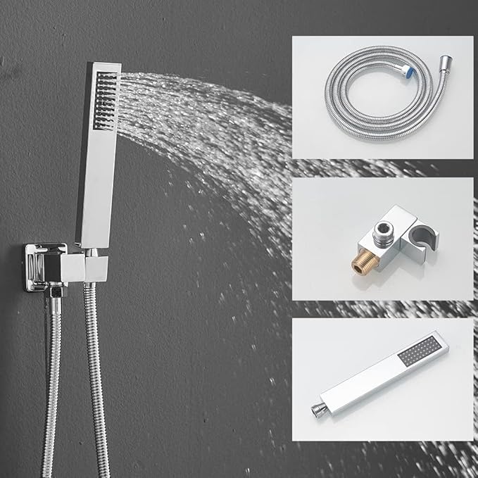 16 Inch Ceiling Mount Polished Chrome Shower System Bathroom Luxury Rain Mixer Shower Combo Set Ceiling Rainfall Shower Head System (Contain Shower Faucet Rough-in Valve Body and Trim Kit)