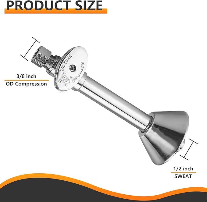 5-PCs HeSun Straight Stop Valve with 5-Inch Copper Sweat Tube Extension, 1/2" Sweat x 3/8" OD Compression Straight Stop, 1/4 Turn Shut Off Valve for Bathroom(VALVE146-5)