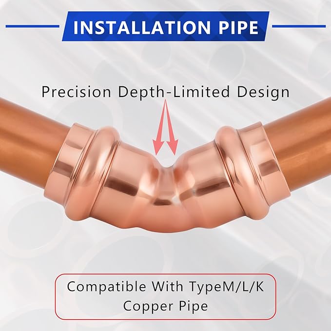 Copper Press Fittings 1/2 Inch 45-Degree Elbow, No-Lead Plumbing Pipe Connector | Compatible with Copper Pipes, Water Supply & Hydronic Heating Systems | Durable Press Fit Design, 10-Pack