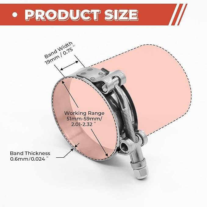 12 Pack 1.75 inch T-Bolt Hose Clamps, Stainless Steel_304 Working Range 51mm-59mm for 1.75" Hose ID, Turbo Intake Intercooler Clamp for Automotive
