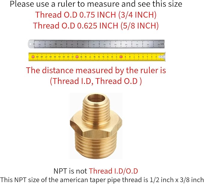 1/2 Inch Male to 3/8 Inch Male NPT Adapter, Brass Reducing Hex Nipple, Thread 0.75" OD to 0.625" OD, Pack of 4