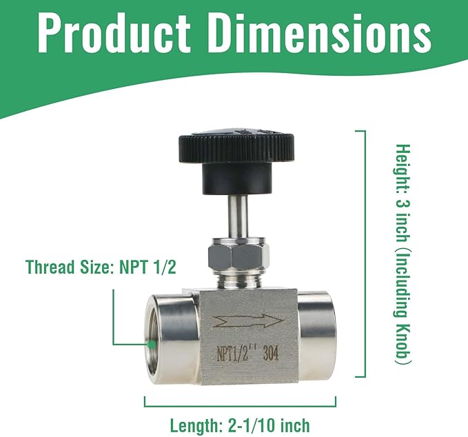 Angry Pony Stainless Steel 304 FNPT 1/2 female Straight Needle Valve, High Pressure Hydraulic Flow Control Valve for Water Oil Gas Systems, 900 PSI