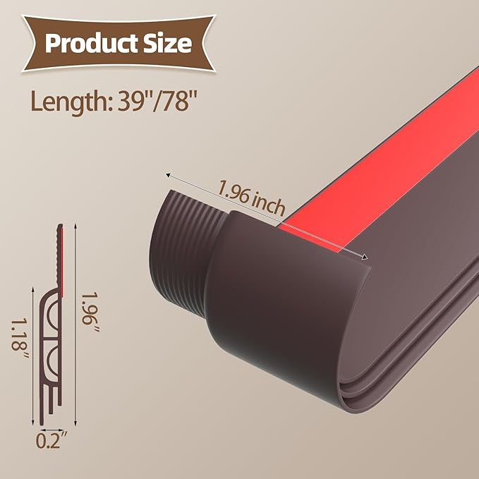 78"" Door Draft Stopper for Bottom of Door, Adhesive Weather Stripping Door Seal for Cold Air Insulation, Under Door Sweep for Exterior & Interior Doors Blocker Noise Dust, Brown