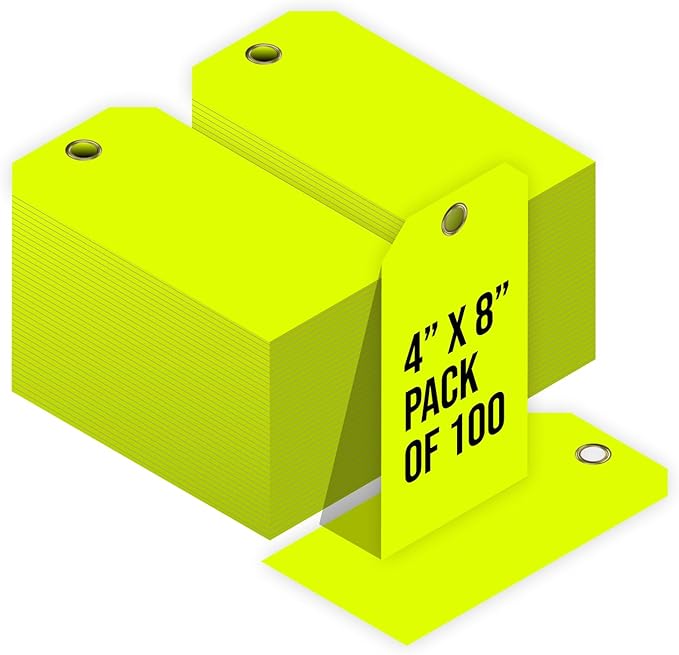 Tags 4 Less 15 Mil Waterproof Plastic Tags, Pack of 100 – 4” x 8” Heavy Duty Plastic Tags for Labeling, Outdoor Tagging, Equipment Labeling, Luggage, Valves & More (Fluorescent Yellow)