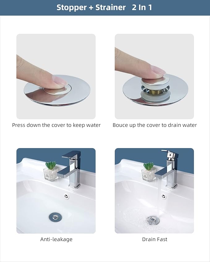 Hibbent 2 Pack All Metal Universal Bathroom Sink Stopper for 1.1''~2.3'' Basin, Pop Up Sink Drain Strainer, Brass Bullet Core Push Type Stopper, Stainless Steel Anti Clogging Drain Filter, Chrome