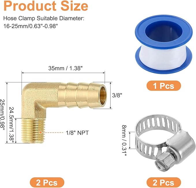 uxcell 2Pcs Brass Hose Barb Fittings, 3/8" x 1/8" NPT 90 Degree Elbow Hose Connector with Hose Clamps for Water Fuel Gas Oil Transportation