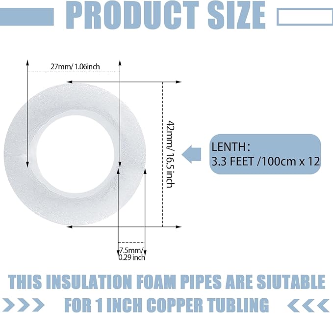 Amylove 12 Pcs 3.3 Feet Foam Pipe Insulation Foam Tube Insulating Water Pipe Pool Swim Noodles Pre Slit Heat Preservation Pipes Covers for Tubing Outdoor Winter Freeze Protection(White,1 Inch)