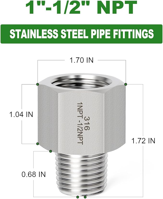 TAISHER 2PCS Forging of 316L Stainless Steel Pipe Fitting, Reducer Adapter, 1/2" NPT Male x 1" NPT Female, Reducing Pipe Adapter Fitting
