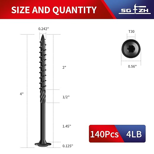 #14 x 4 Inch Lag Screws (140Pcs) 4lb. Structural Wood Screw, Black, Carbon Steel, Washer Head, Rust Resistant epoxy Coated, T30 Star Bit