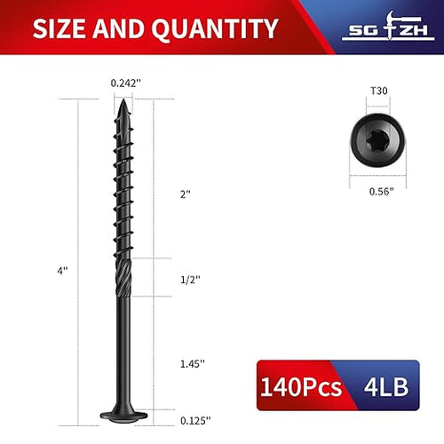 #14 x 4 Inch Lag Screws (140Pcs) 4lb. Structural Wood Screw, Black, Carbon Steel, Washer Head, Rust Resistant epoxy Coated, T30 Star Bit