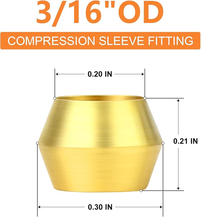 GASHER 100PCS Brass Compression Fitting, Brass Compression Sleeve Ferrules 3/16" Tube OD