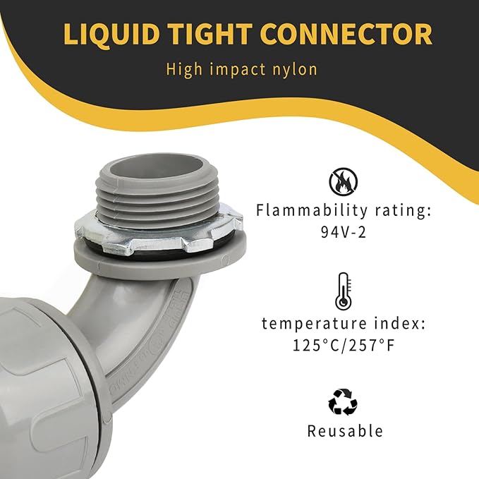 Conduit Connectors, 3/4 Inch Liquid Tight Connector NPT Non-Metallic for PVC Electrical Flexible Conduit Fittings, 90 Degree, UL Listed for Home Outdoor Tubes Tools, Grey (120-Pack)