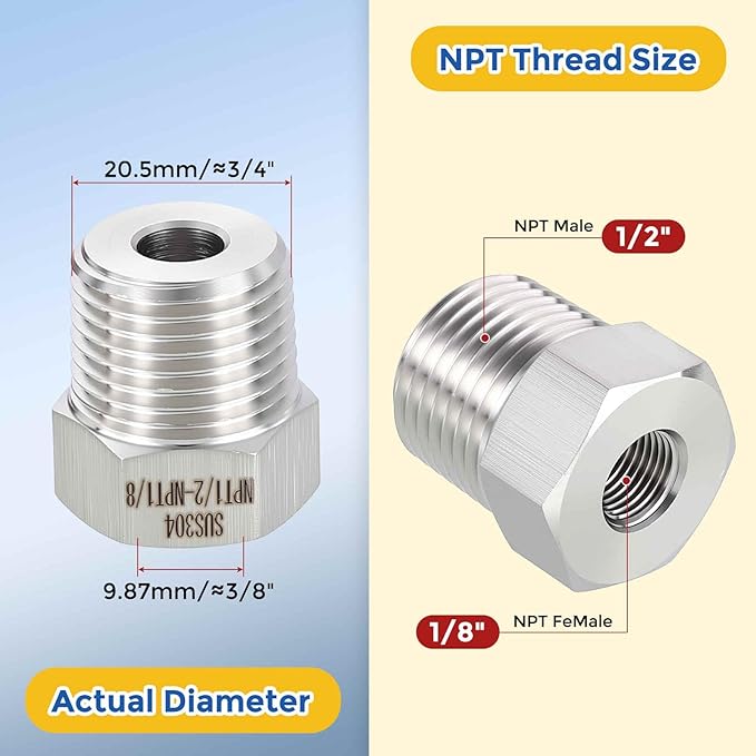 2 Pack 304 Stainless Steel Pipe Fittings, 1/2" MNPT to 1/8" FNPT Hex Bushing Reducer, Hose Tube Threaded Adapters for Air, Oil, LP, Gas