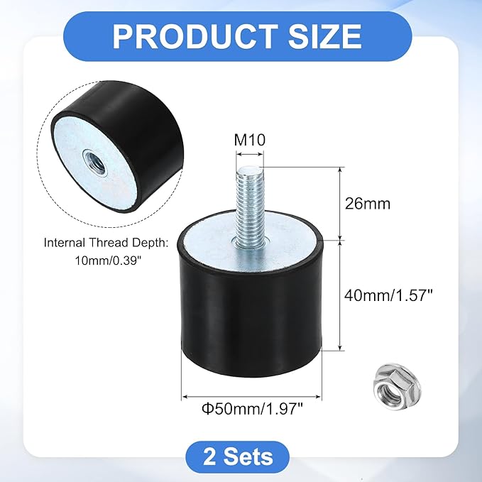 uxcell M10 Rubber Mounts, 2Pcs 50x40mm(DxH) Rubber Cylindrical Anti Vibration Isolator Shock Absorber with Lock Nut for Car Bobbin Generator Air Compressors