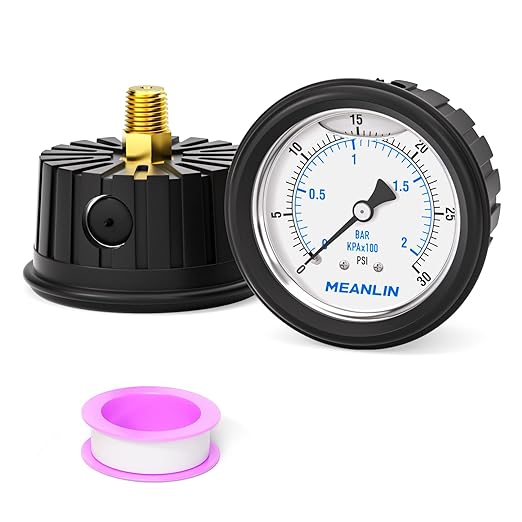 MEANLIN MEASURE 0~30Psi Stainless Steel Liquid Filled Pressure Gauge 1/4" NPT 2.5" FACE DIAL with Rubber Protective Sleeve, Center Back Mount
