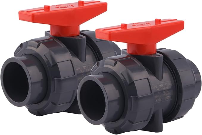 DERNORD 2 Pack PVC True Union Ball Valve with Full Port, EPDM O-Rings, and Reversible PTFE Seats,Rated at 200 PSI (1 1/2 inch Socket)