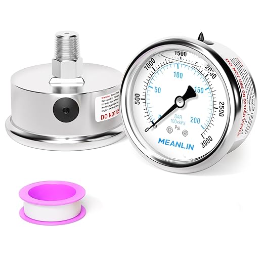 MEANLIN MEASURE 0~3000Psi Liquid Filled Pressure Gauge Stainless Steel with 316 Stainless Steel Joint 1/4" NPT 2.5" FACE DIAL for WOG Water Oil Air Center Back Mount