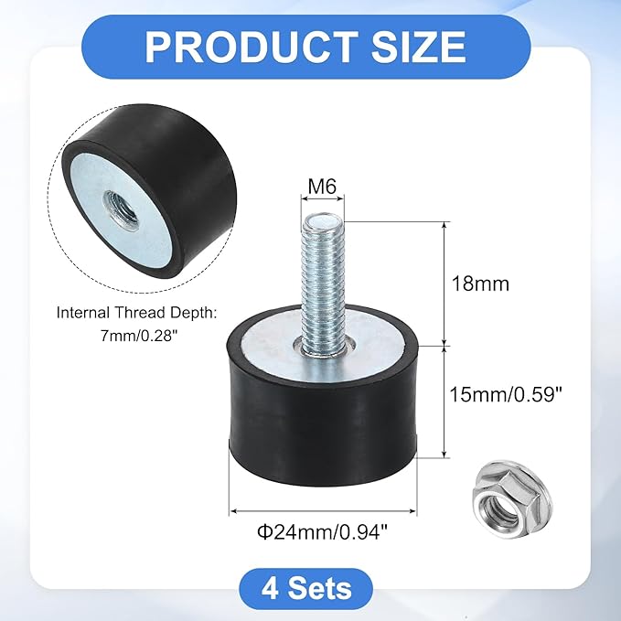 uxcell M6 Rubber Mounts, 4Pcs 24x15mm(DxH) Rubber Cylindrical Anti Vibration Isolator Shock Absorber with Lock Nut for Car Bobbin Generator Air Compressors