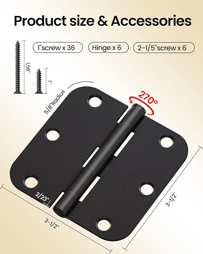 Black Door Hinges - 6 Pack Matte Black Door Hinges 3.5 Inch Rounded Interior Door Hinge with 5/8" Radius - 3 1/2" Black Hinges for Residential Door Hardware